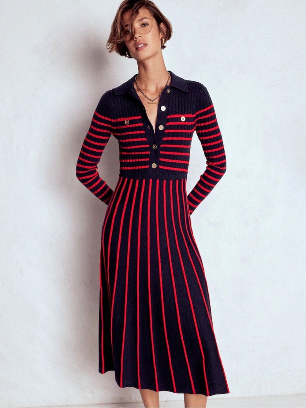 Boden Navy Blue & Red Striped Bronte Knitted Rib Shirt Midi Dress